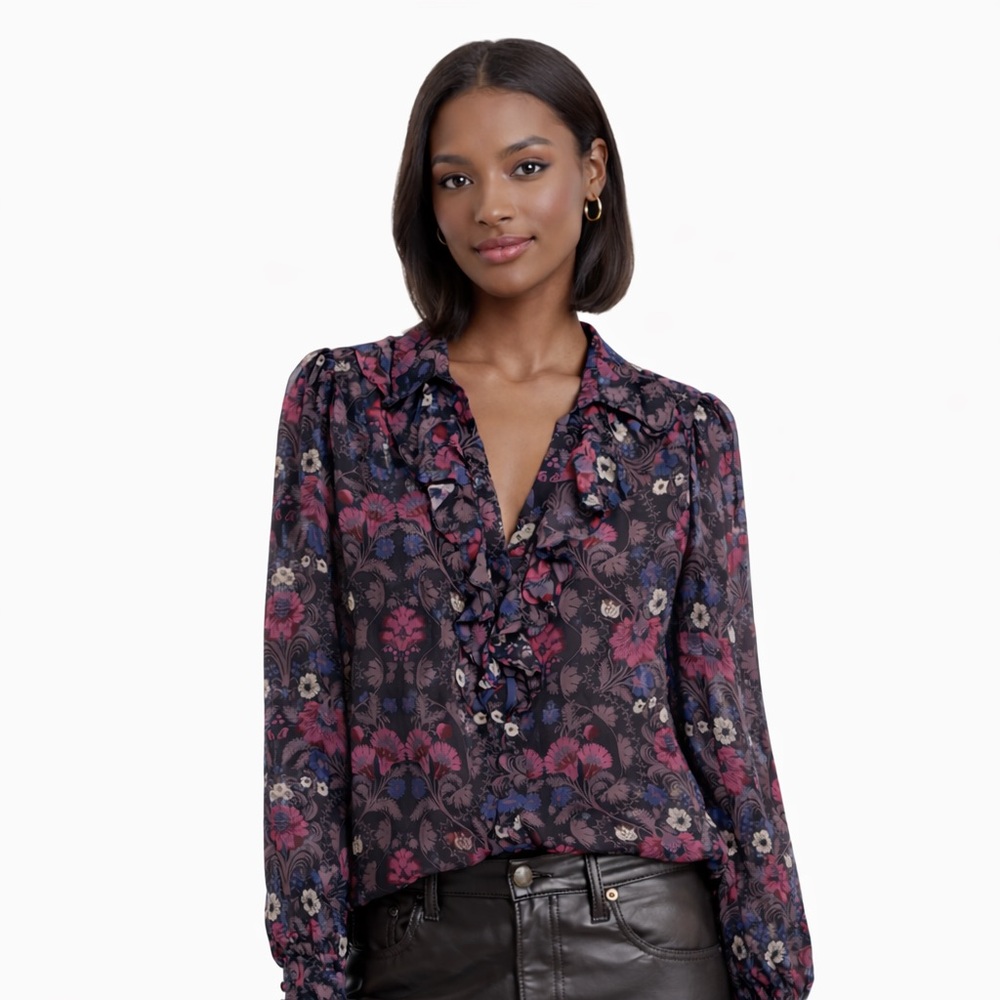 100% Silk PAIGE- Jodelle Floral Print Blouse Multicolor With Ruffle Neckline.